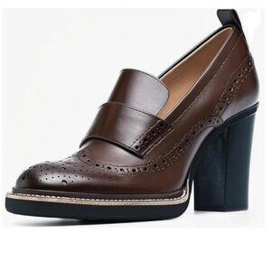 YDN Saddle Brown Chunky High Heels Round Toe Oxford Loafer Dress Shoe
